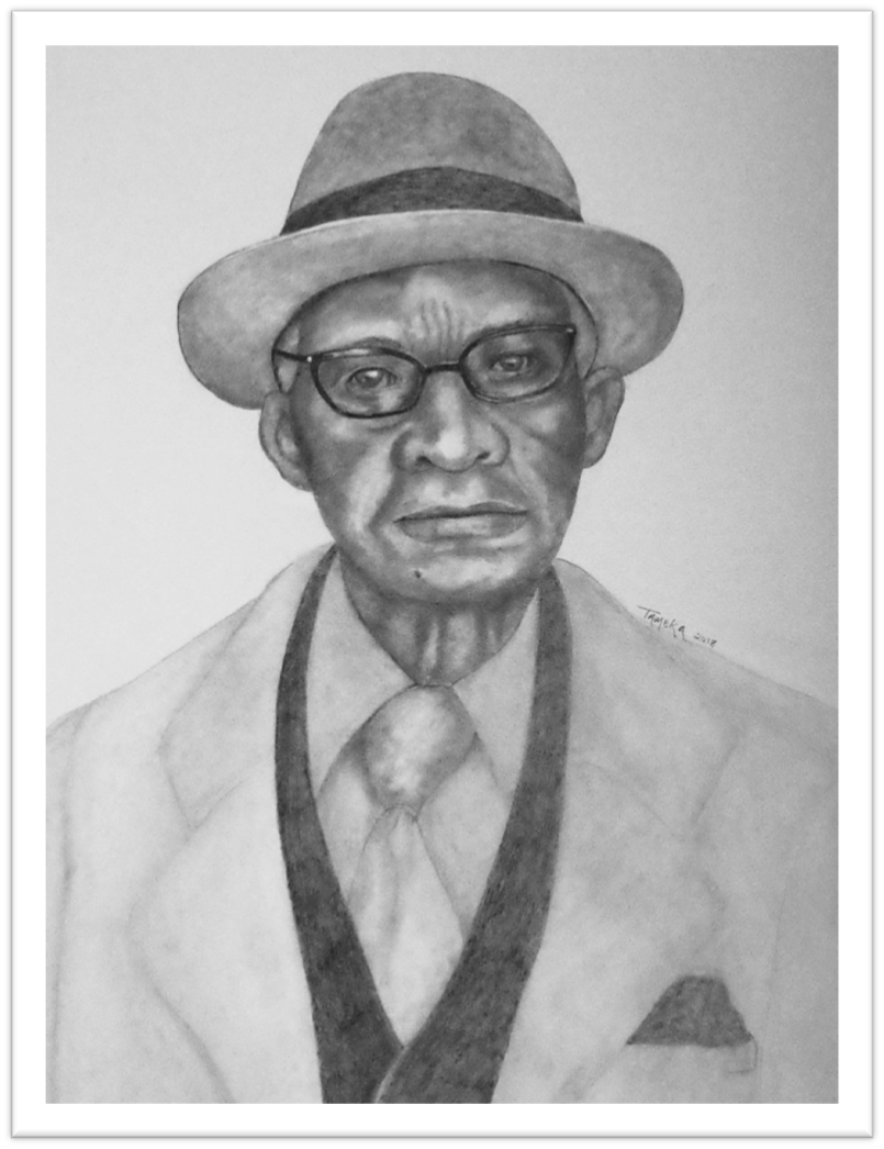 Graphite portrait of Mr. Dan, Rubertha’s maternal grandfather, wearing a hat, glasses, tie, and suit.